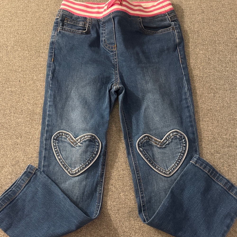 3/$15- Girls' Dark Blue Heart-Knee Jeans with Pink Waistband